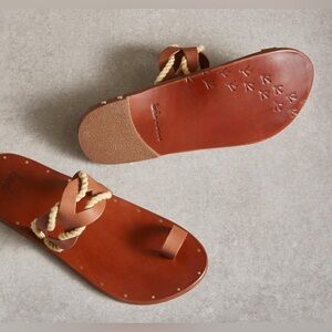 Beek Treepie Cognac Leather Cut Out Rope Detail Toe Ring Sandals Slides, 9